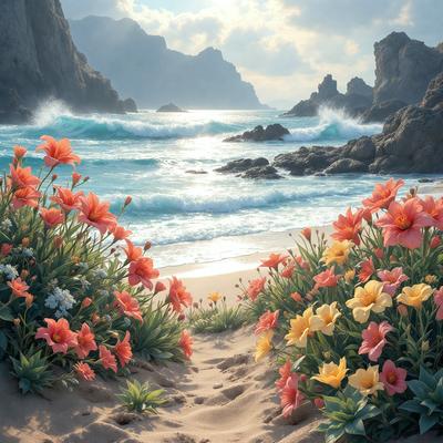 Primary subject: Flowers
Setting/background: Beach
Visual style: Digital art
Colors and mood: Bright, vibrant, and cheerful